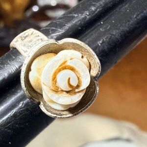 Elegant Vintage Carved Silver and Cream Rose Ring